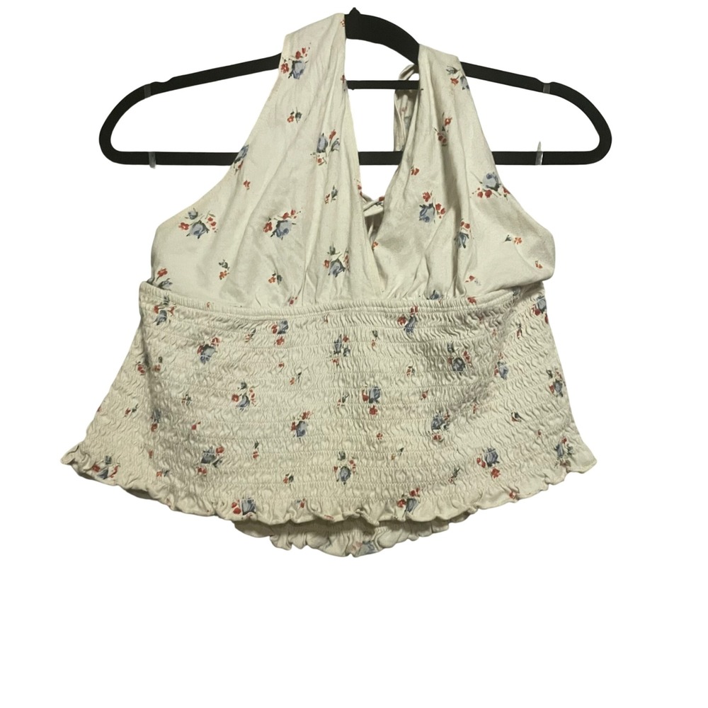 American Eagle Floral Smocked Halter Crop Top Women's XL‎ TG EXG White
